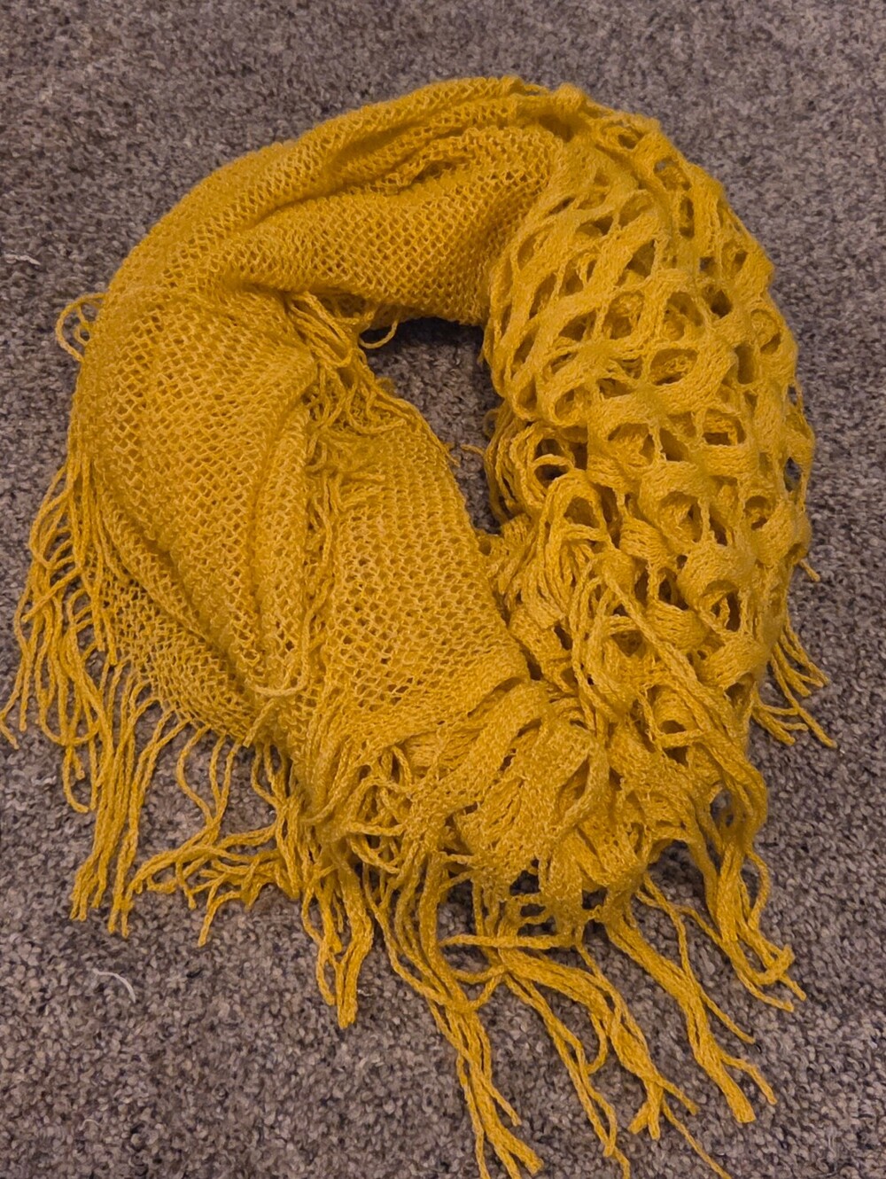 Mustard Yellow Fringe Knit Infinity Scarf